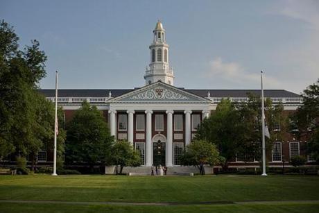 The Baker Library of the Harvard Business School stands on Harvard University campus in Cambridge, Massachusetts. 
